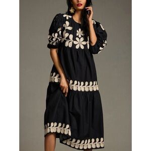 Anthropologie Embroidered Puff-Sleeve Midi Dress Cotton Bohemian Summer XXS